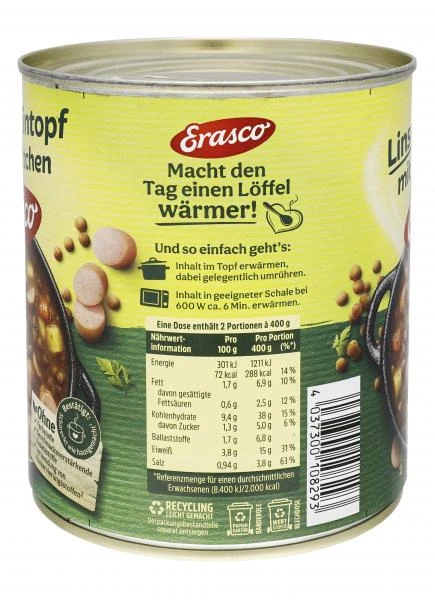 Erasco Linsen-Eintopf Mit Würstchen 4 Erasco Linsen-Eintopf Mit Würstchen – Bild 2